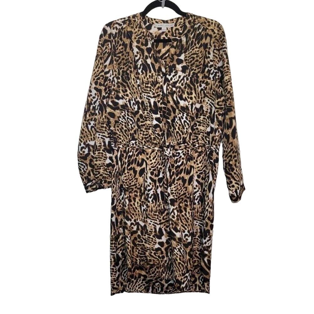 Larry Levine Womens Size L Leopard Print Long Sleeve Waist Tied Dress